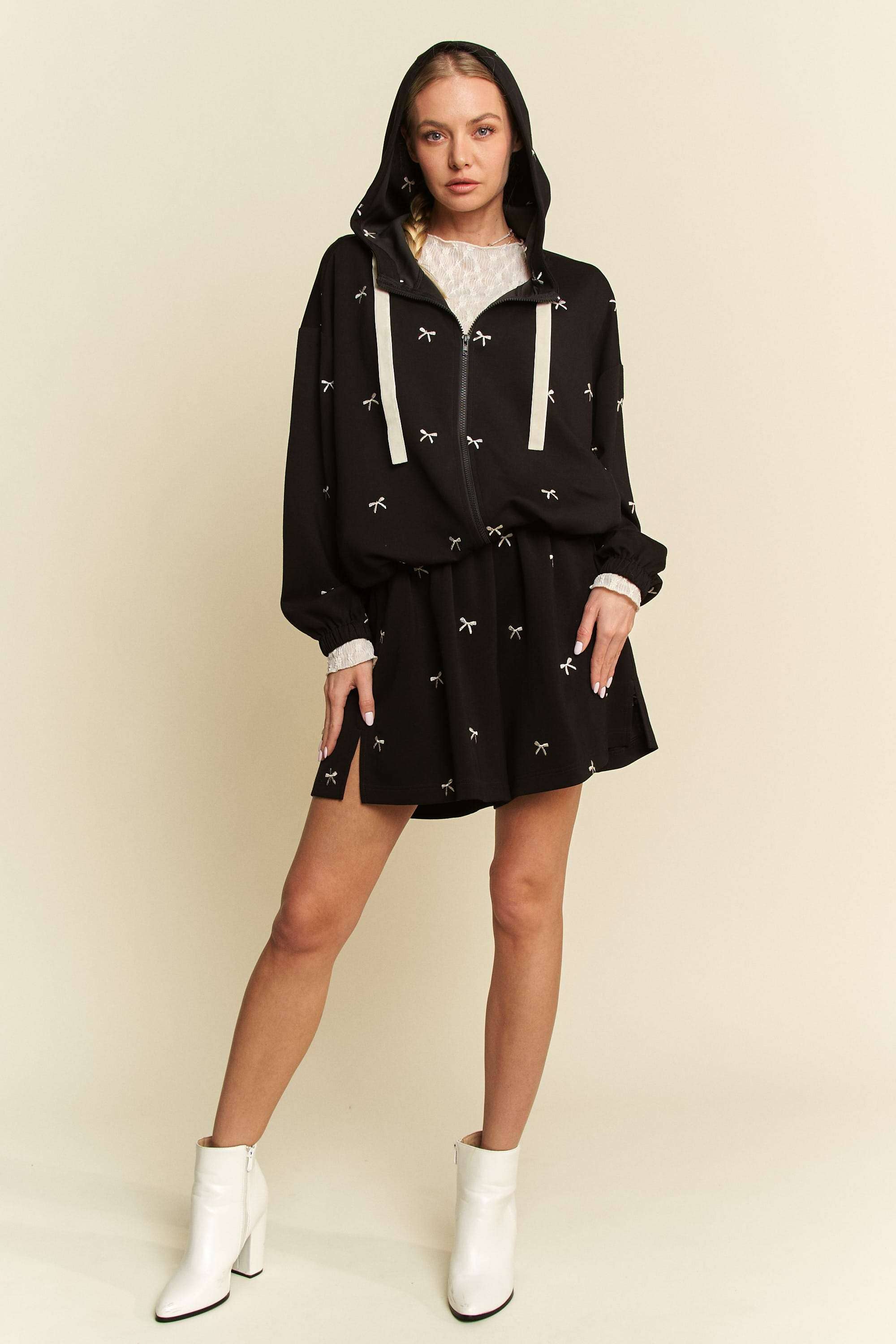 Davi & Dani - Wholesale Hoodie - Women's - RIBBON EMBROIDERY ZIP UP LONG SLEEVE HOODIE JACKET4