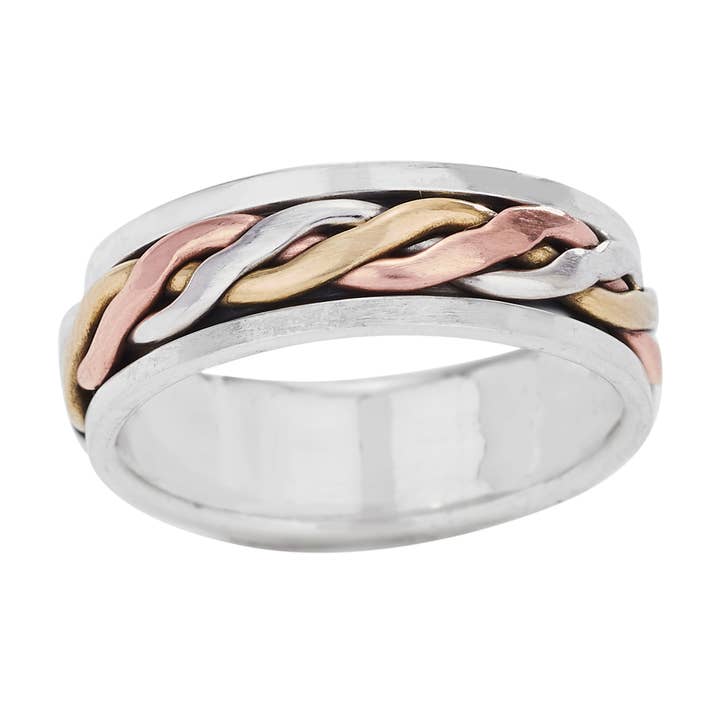 Twisted Braid Sterling Silver, Brass and Copper Spin Ring for wholesale by Tiger Mountain Jewelry