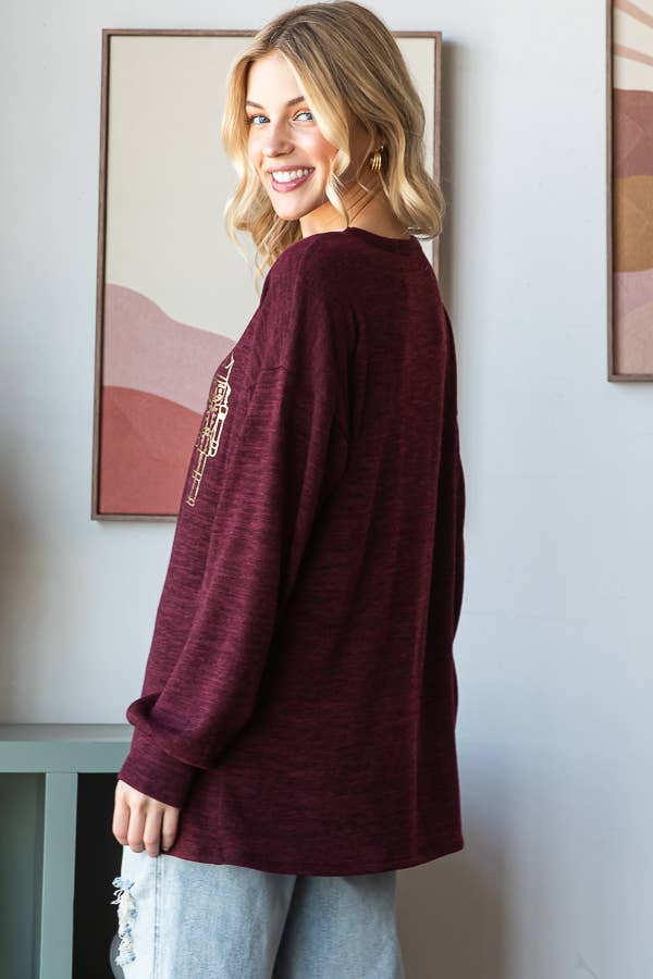 DK BURGUNDY ET7712-10 LONG PUFF SLEEVE ROUND NECK SOLID TOY SOLDIER PRIN for wholesale on Faire7