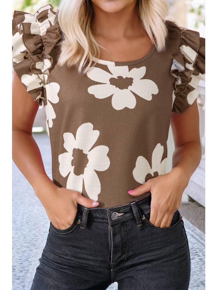 Little Daisy Closet - Wholesale Blouse - Women's - LDC Floral Ruffled Short Sleeve Square Neck Textured Blouse