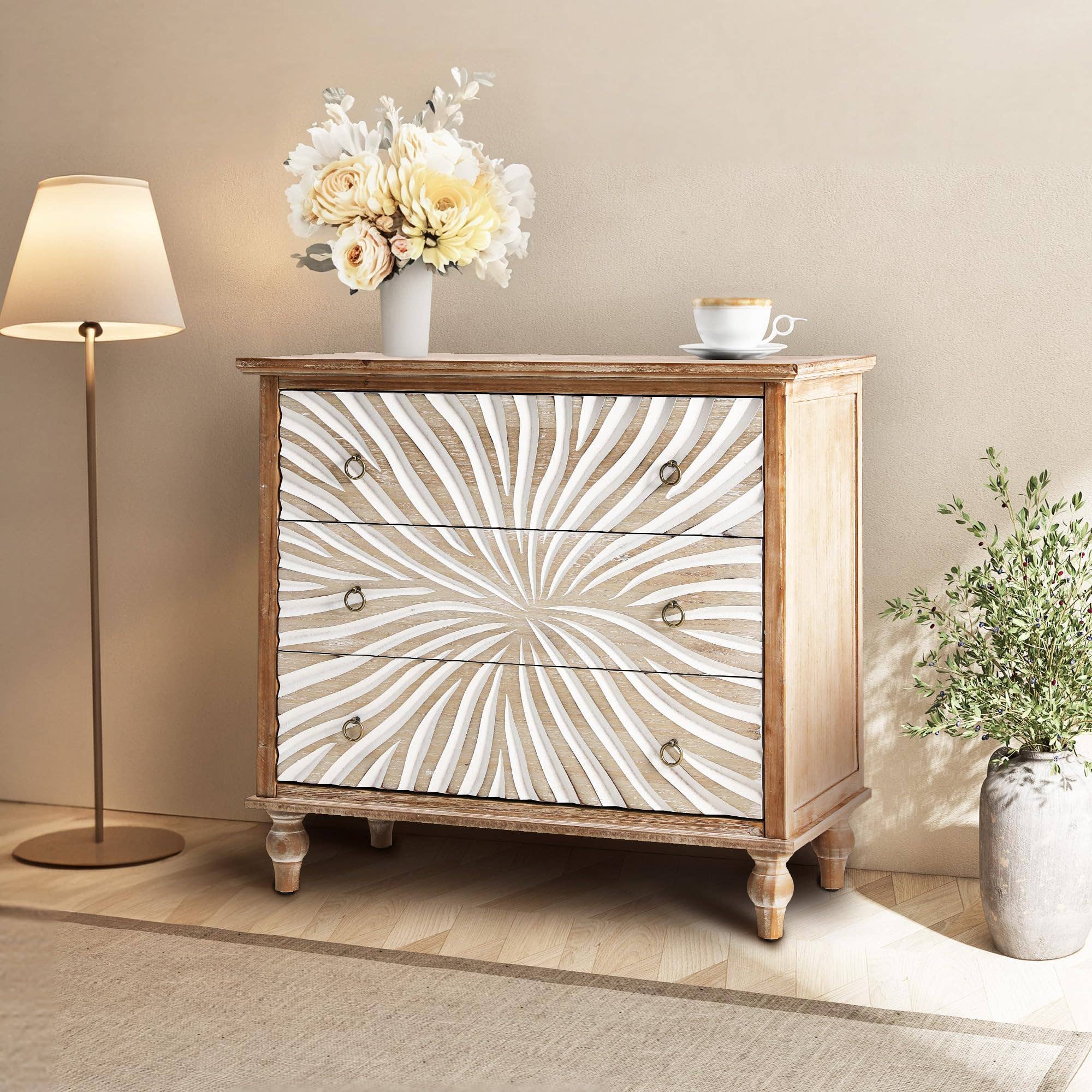 Heynemo - Vente Armoire - Commode vintage à 3 tiroirs, tiroirs sculptés à motifs, naturel8