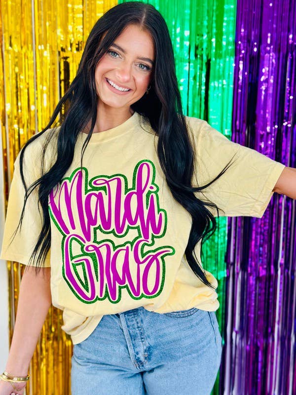 BURRO T-shirt Mardi Gras Cursive Double Puff/Glitter in vendita all'ingrosso su Faire0
