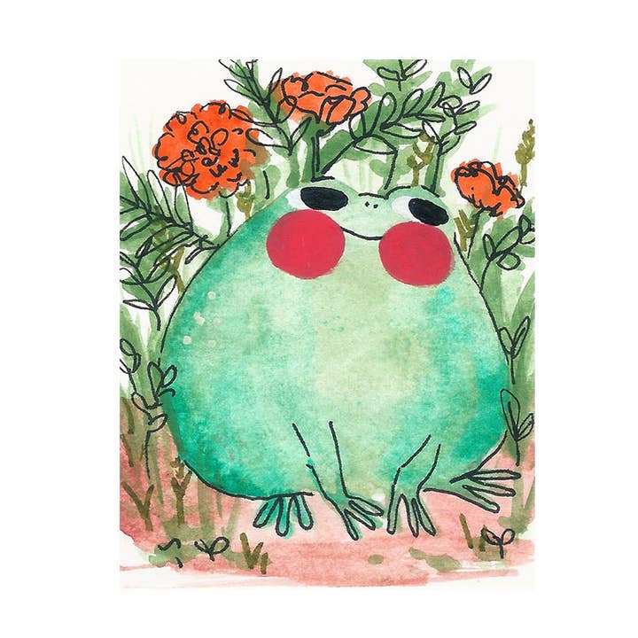Mini-print - „Kikker met goudsbloemen” - 3x4" voor wholesale door Rebekah Evans Art