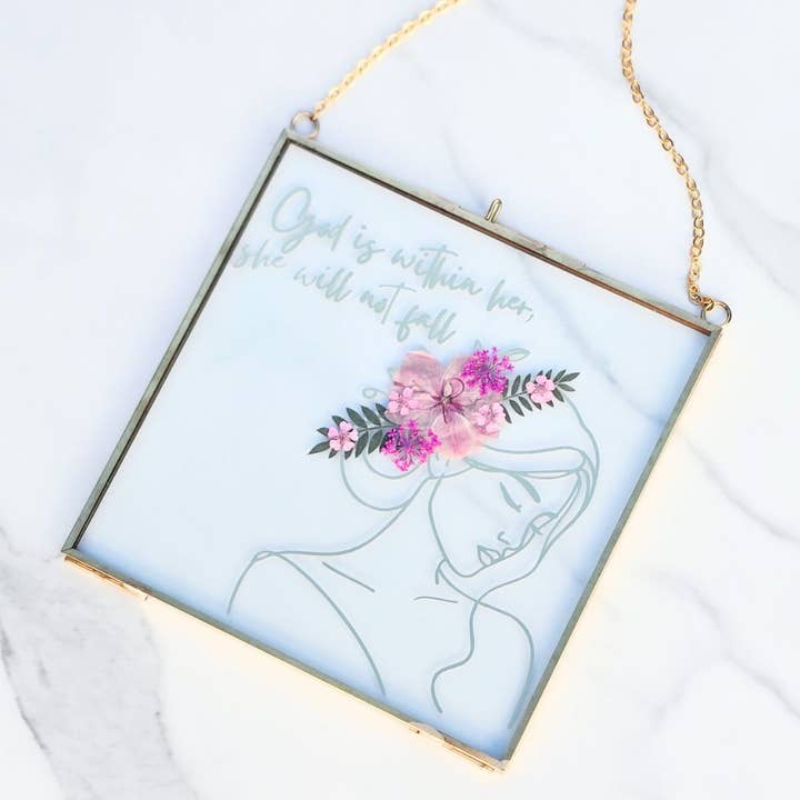 God Is Within Her Pressed Flower Scripture Art for wholesale by Sable + Ivy