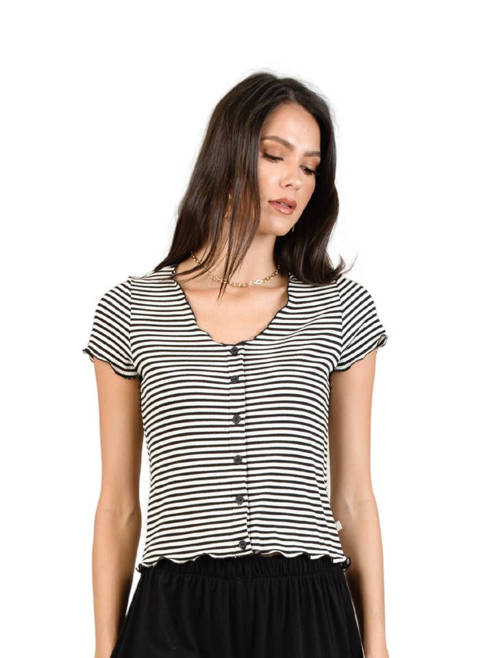 Women's Striped Knit Ribbed  Button Down Shirt for wholesale by Lucca Couture