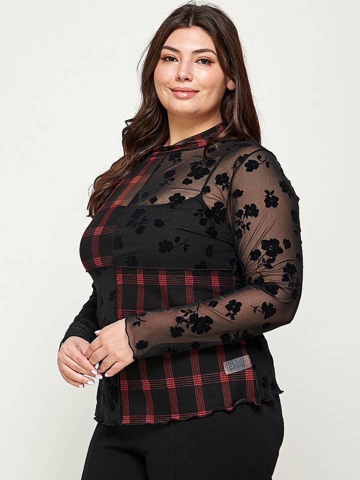 Haut à col montant en maille patchwork de grande taille - WG17874-T pour la vente par Haute Fox Plus Size & Contemporary