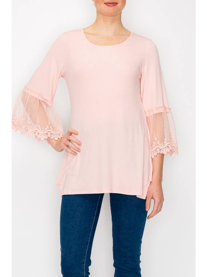 Origami Apparel ~ Lace and Crochet inspired - Wholesale Tunic - Women's - TUNIC TOP WITH LACE SLEEVE TRIMMINGS-4480PINK