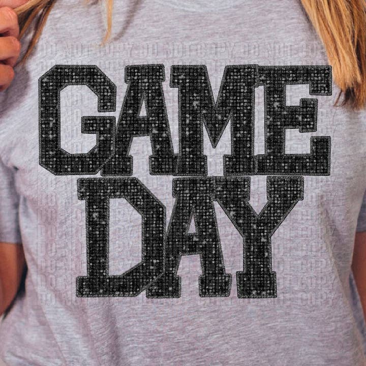 Game Day Black Sequined Faux DTF Transfer for wholesale by K and M Designs