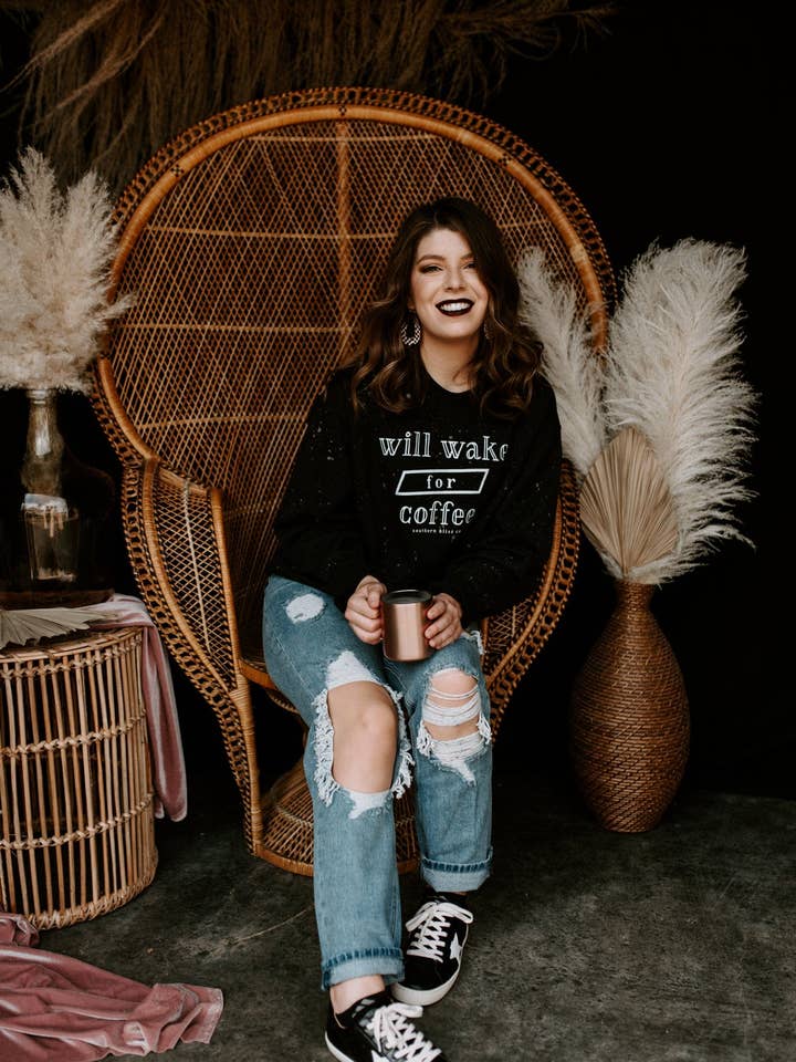 Will Wake For Coffee Black Bleached Sweatshirt for wholesale by Southern Bliss Co.