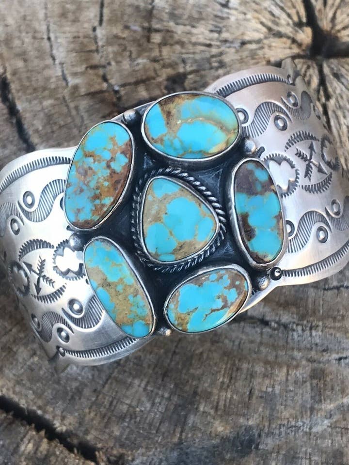 Navajo Sterling Silver Royston Turquoise Manschettarmband av Benson Shorty för wholesale av Nizhonitradersllc