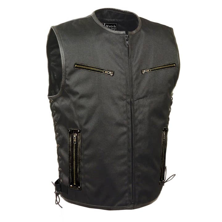 Men's Collarless Side Lace Black Leather Classic Zipper Vest for wholesale by Matchless York