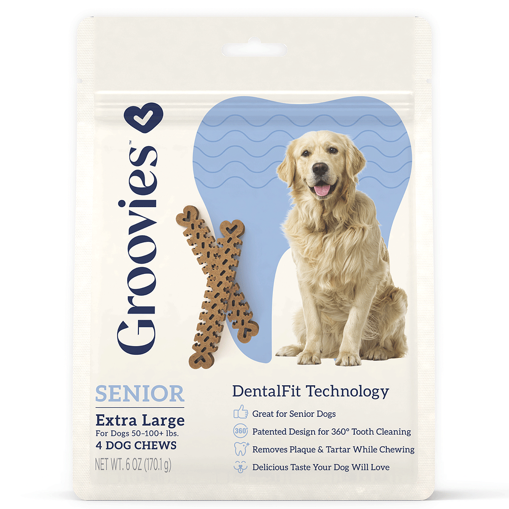 King Wholesale Pet Goods - Vente Friandises – chien - GROOVIES — Brosse à mâcher dentaire pour chiens Senior, 6 oz, taille XL, 4 carats0