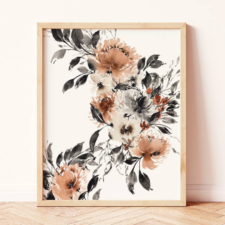 Grey Rust Neutral Organic Floral Art Print for wholesale by Paperbec Design Co.