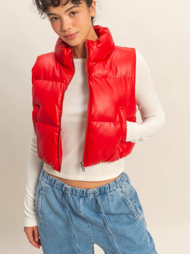 Faux Leather Cropped Puffer Vest for wholesale by Vanilla Monkey