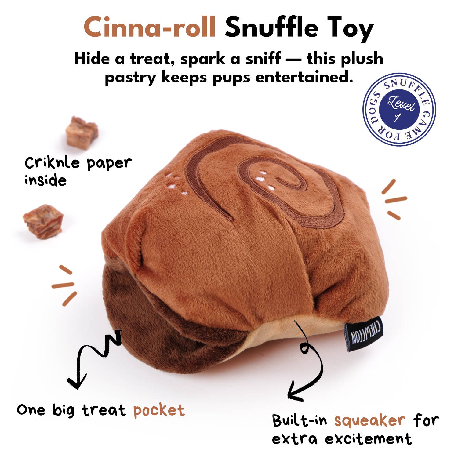 CHEWFFON - Vente Jouet couineur – chien - Jouet couineur à renifler en forme de roulé à la cannelle CHEWFFON2