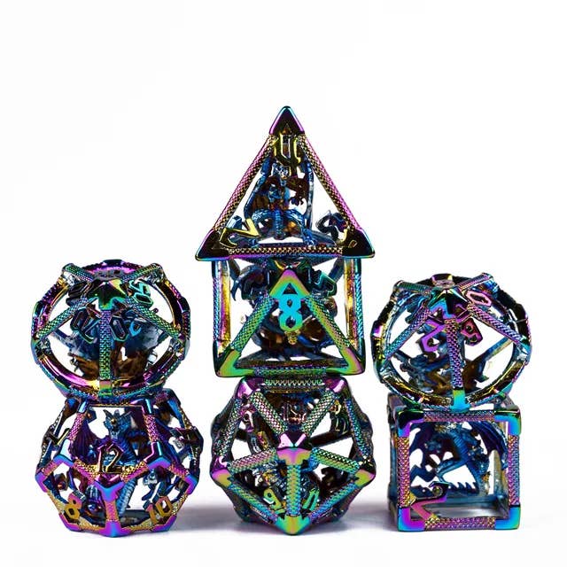Caged Dragon Hollow Metal Dice kit (single color, 3 sets) for wholesale by Cultivation Games