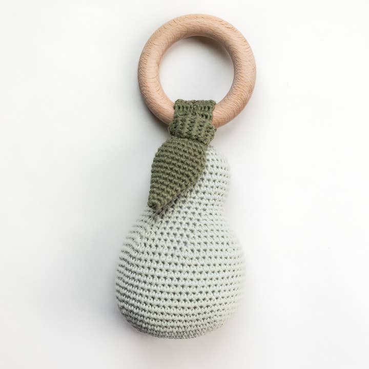 Pear Hand Crochet Baby Fruit Rattle for wholesale by Wonderjoys Baby Co