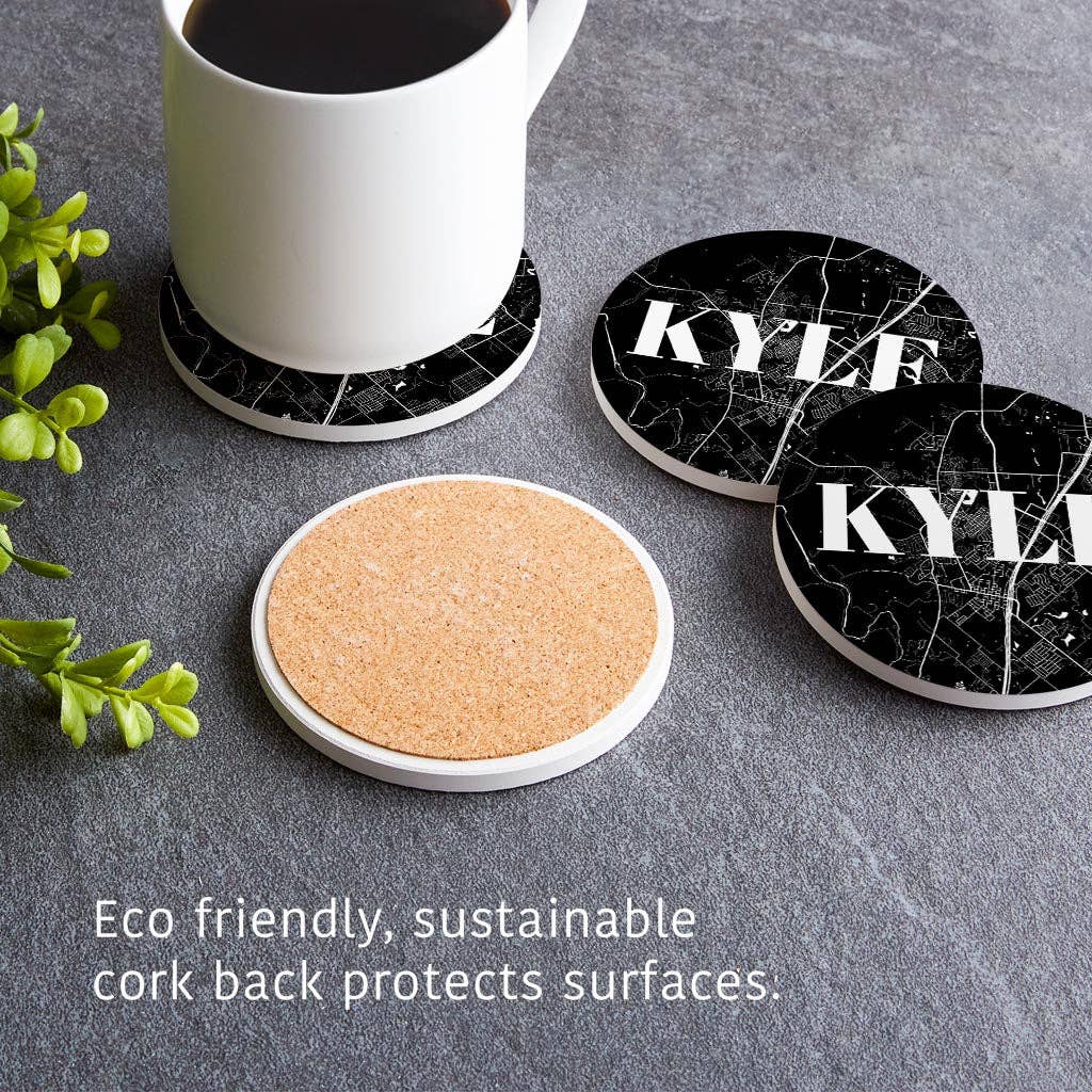 Love Local - Wholesale Coasters - Minimalistic B&W Texas Kyle Map | Absorbent Coasters | Set of 4 | Min 24