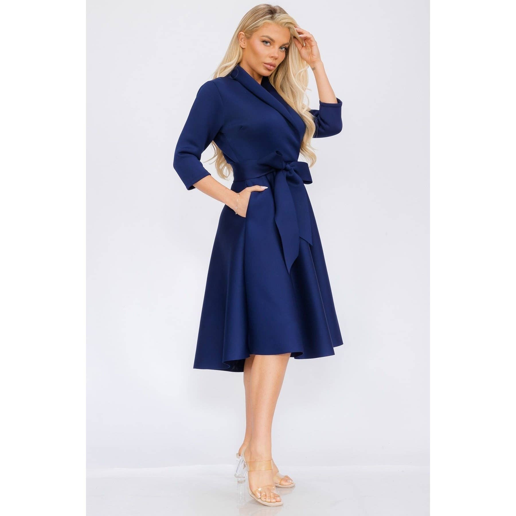 DORCAS - Wholesale Dress - Women's - Women Elegant Front Wrap Dress with Tie Waist and Pockets5