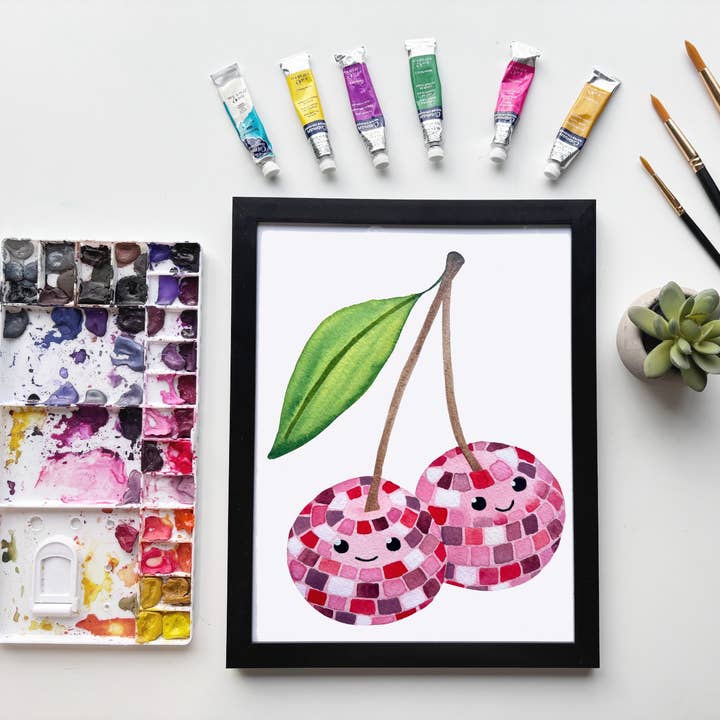 Disco Cherries Watercolor Print – Sparkle Cute Fruit Art for wholesale by Owlfeathers Watercolor