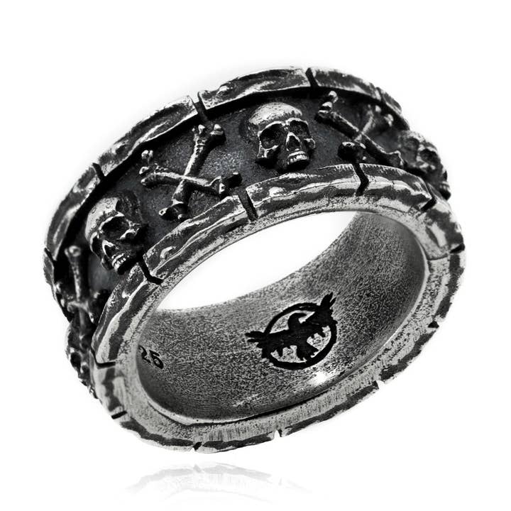 Skull and Bones Ring, Sterlingsilber, gotischer Schmuck für den Großhandel von Black Feather Design