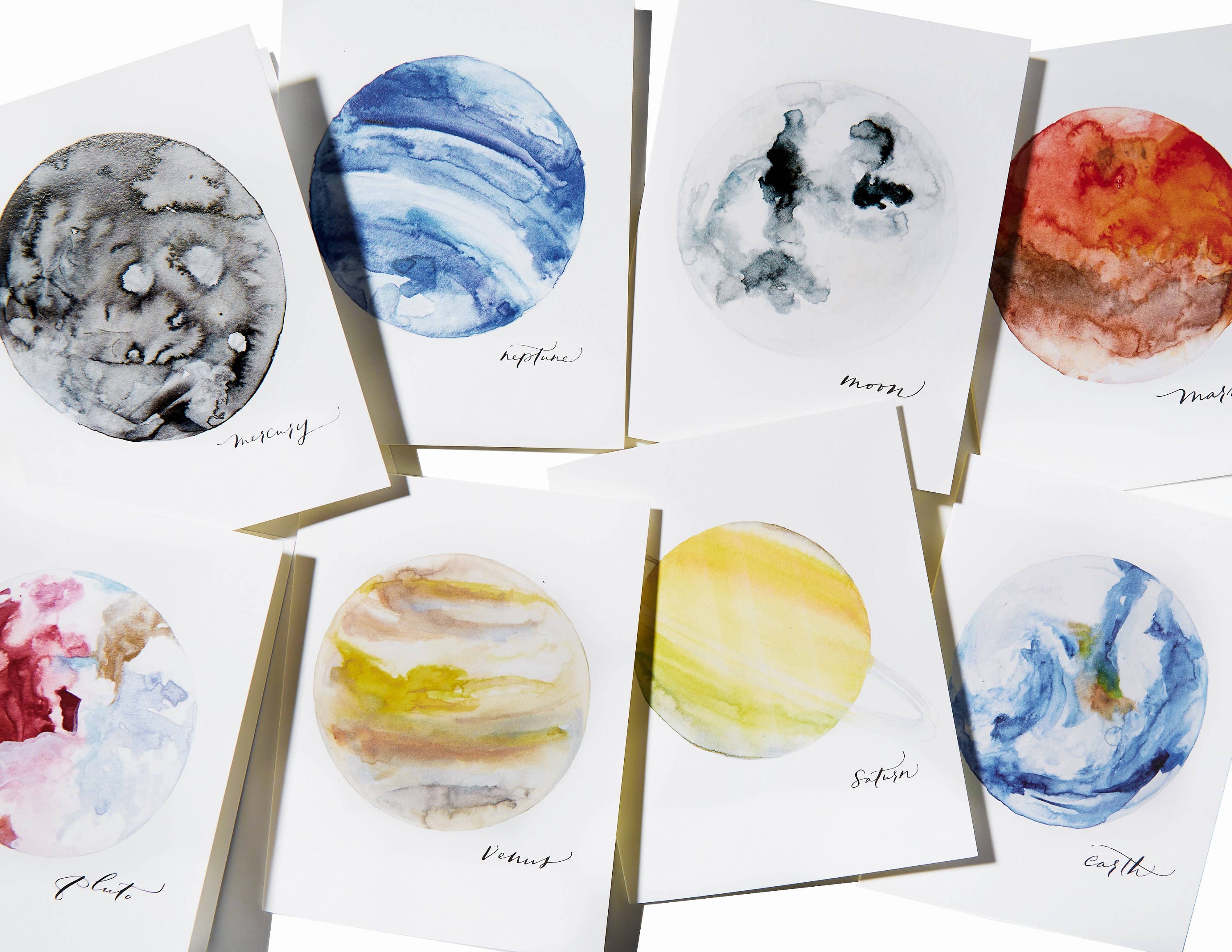 Paperfinger - Wholesale Stationery/Notecard Set - Watercolor Planets Mix (8 Cards)