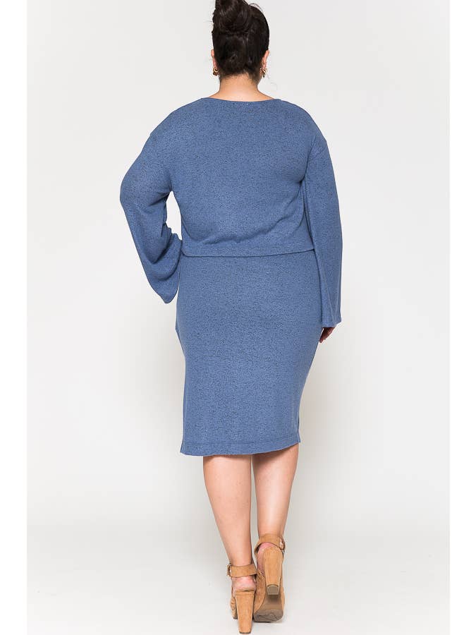 Story Teller - Wholesale Top & Skirt Set - Women's - Plus Size V-Neck Top & Knee Length Slit Skirt 2 Piece Sets