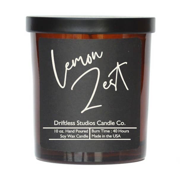 Lemon Zest Soy Candles -10oz Candle Jar With Lid Black Label for wholesale by Driftless Studios
