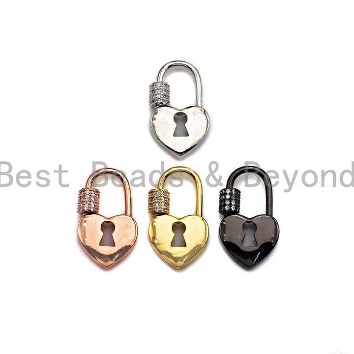 CZ Micro pave Heart Lock Shape Clasp, CZ Pave Heart Lock Clasp, Silver/Black/Rose Gold/Gold Carabiner Clasp, 17x29mm, sku#H220 for wholesale by BestBeads&Beyond