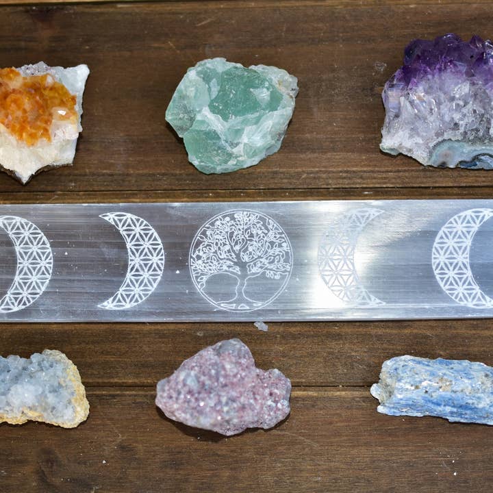 Moon Phase with Tree of Life Engraved Selenite Bar for wholesale by Whyte Quartz