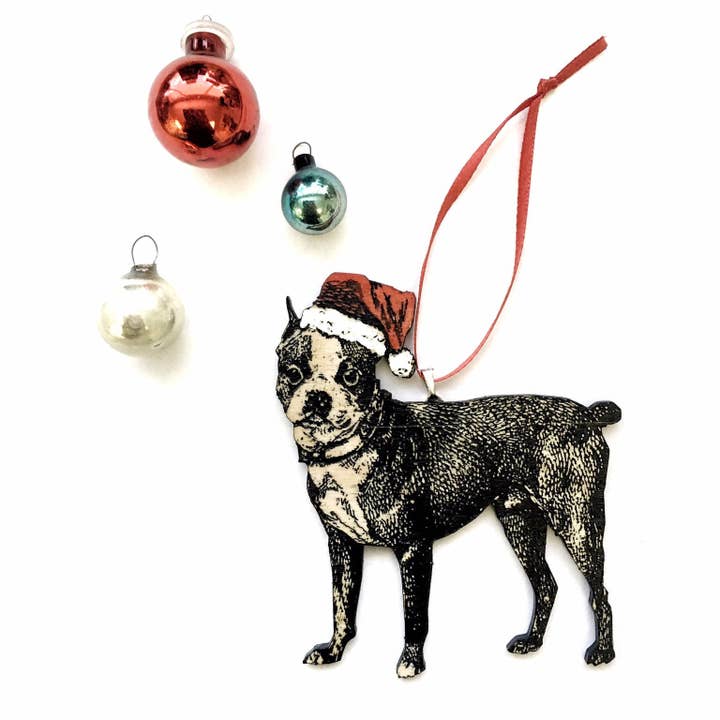Håndmalede Santa Hat Boston Terrier Hund Ornament - Træ for engroshandel hos Toad Hill Farm