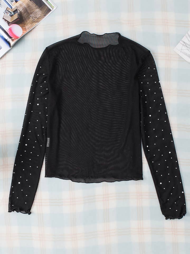 Black Rhinestone Sheer Mesh Slim Fit Long Sleeve Top for wholesale on Faire