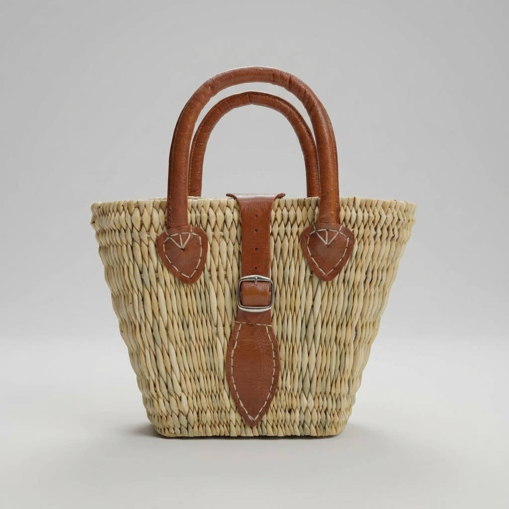 Melecraft - Wholesale Basket - Woven Reed Market Basket Leather Strap - Natural Boho Tote3