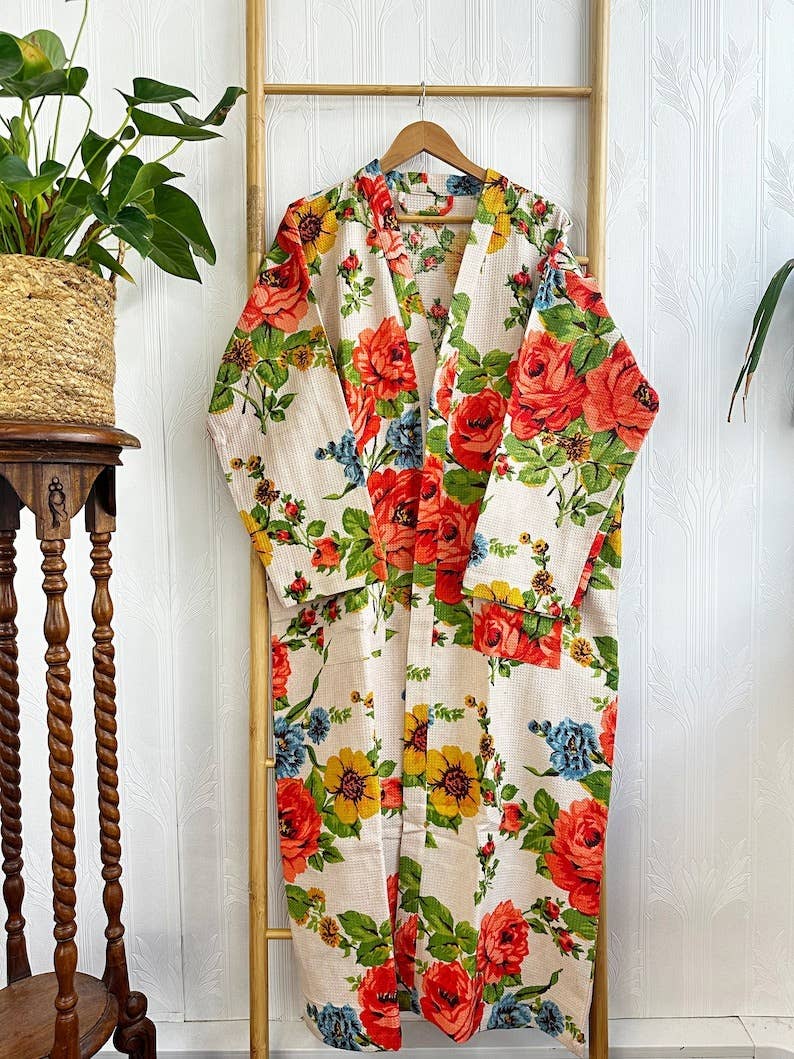Essential Designs London – wholesale Robe – Women's – Pure Waffle Cotton Handprinted House Bath Robe Summer | Floral Spa Beach Coverup | Spring Pastel Beige Orange Rose Botanical Garden Blossom1