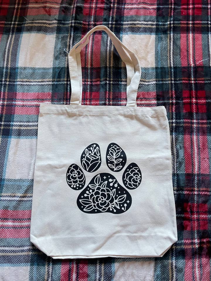 Pawprint with Boho Flowers Canvas Tote Bag, Reusable Bag for wholesale by Jeanne Mari & Co