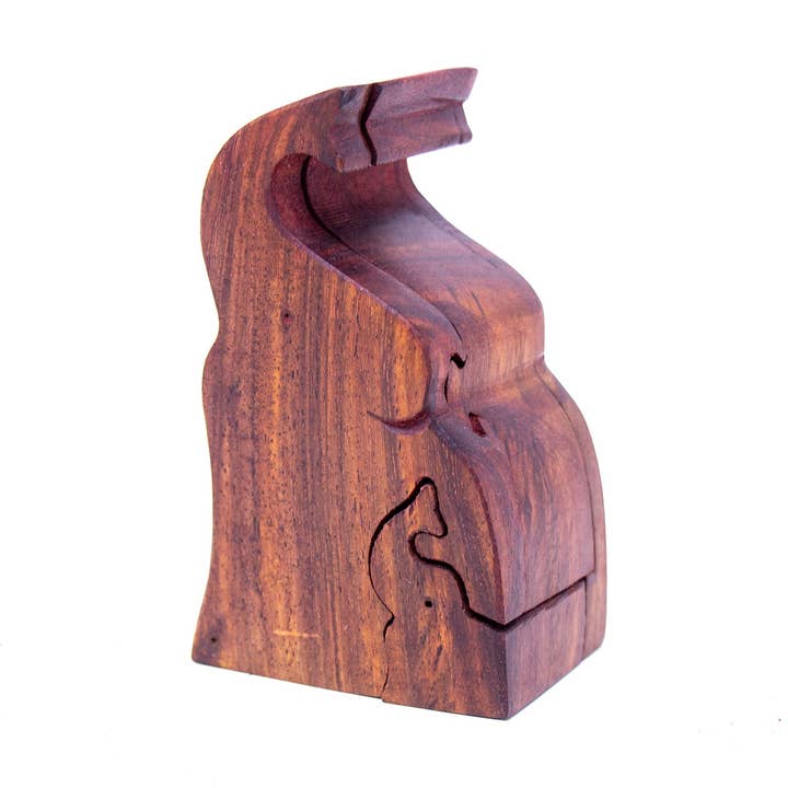 Sheesham Wood Carved Trunk-up Elephant & Calf Puzzle Box for wholesale by Global Crafts