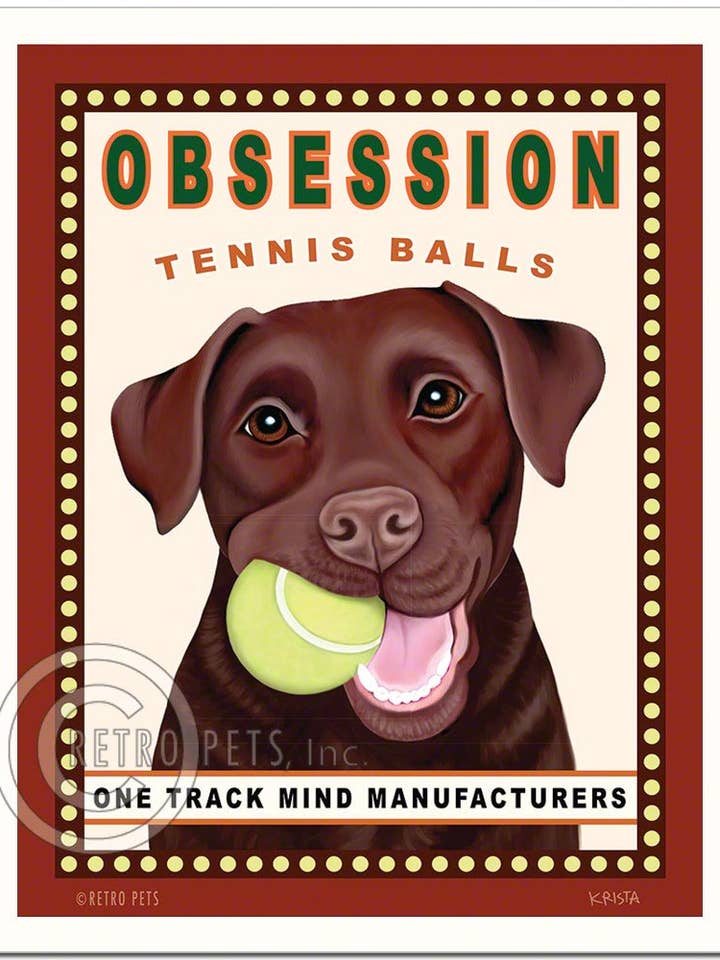 HP-110 8x10 Art Print, Labrador „Obsession Tennis“ Chokolade for engroshandel hos Retro Pets