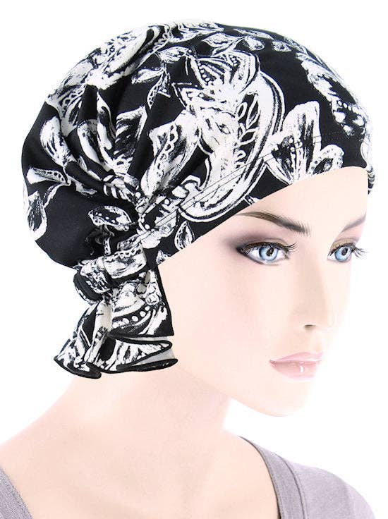 Turban Plus - Wholesale Head Scarf - Women's - The Abbey Cap Black and White Tropical Floral