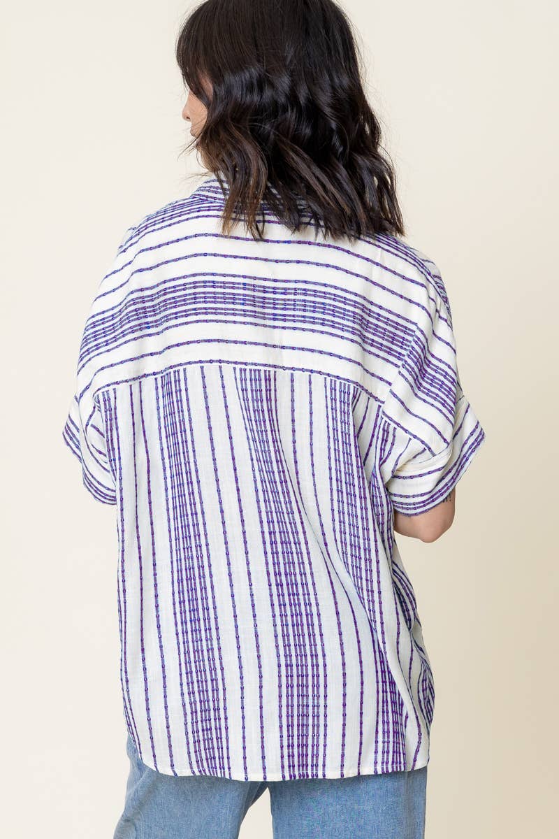 En Crème - Vente Chemise à col boutonné – femme - Haut boutonné rayé à manches courtes1