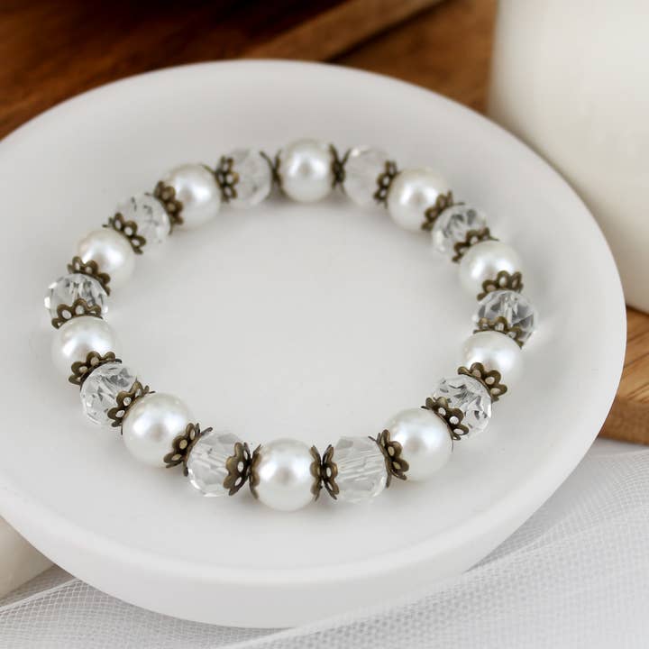 Vintage Crystal & Pearl Stretch Bracelet for wholesale by Seasons Jewelry