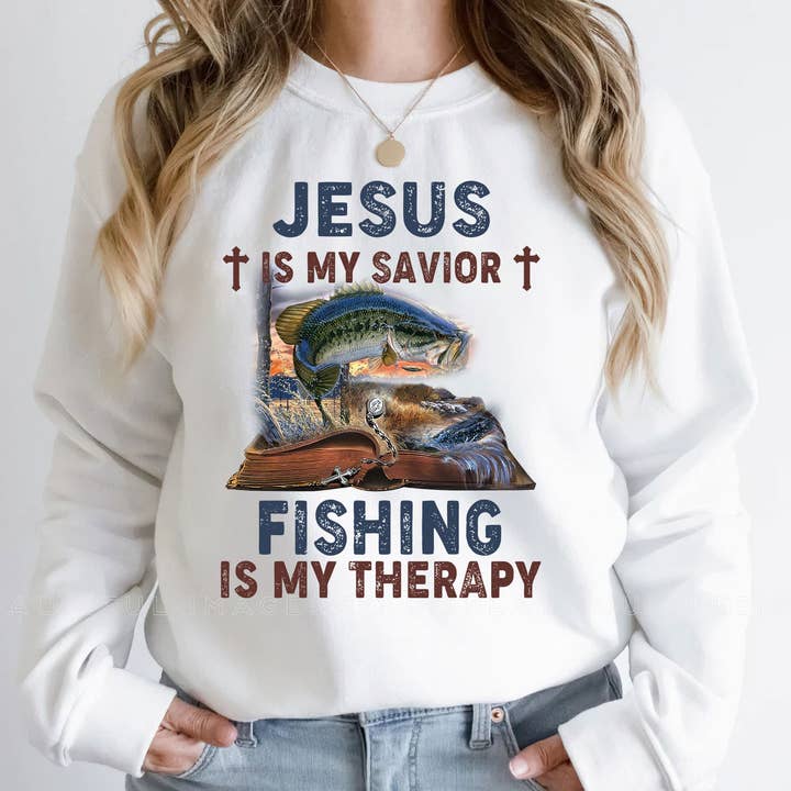 Jesus Is My Savior Fishing Is My Therapy Sweatshirt for wholesale by EagleAceApparel