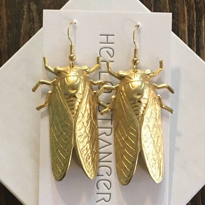 Handmade Gold-Plated Giant Cicada Earrings USA for wholesale by Hello Stranger
