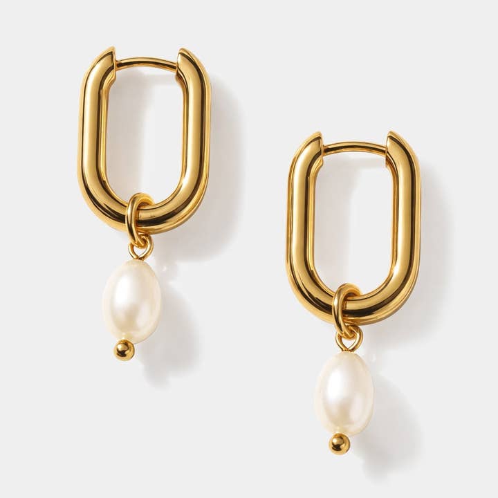 Golden hoop earrings in stainless steel with pearl charm - SS253E007GL for wholesale by Bizou