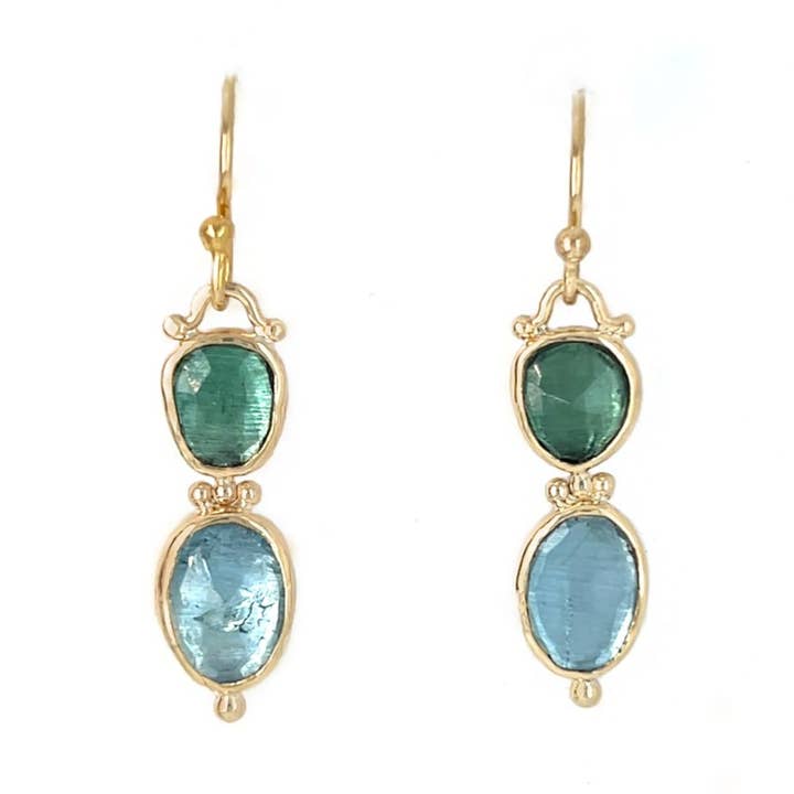 Teal tourmaline and Aquamarine double drop earrings in 14k gold for wholesale by Emily Amey Jewelry
