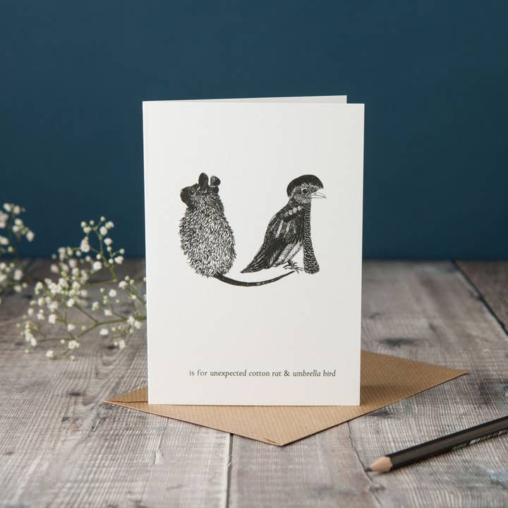 U is for Umbrella Bird and Unexpected Cotton Rat Card for wholesale by Lucy Coggle Designs
