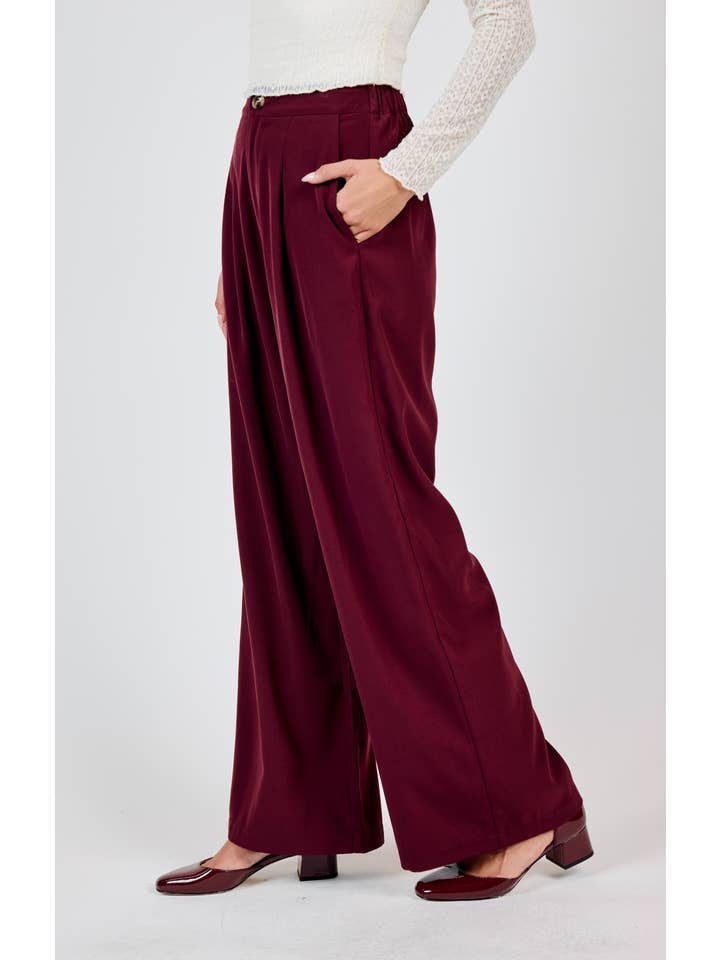 Sadie & Sage - Wholesale Pants - Women's - Silent Streets Wide Leg Pleated Pants: WINE