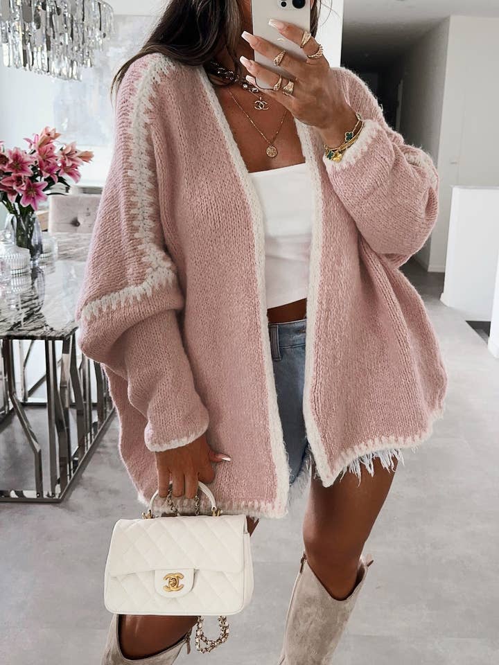 Thick-Stitched Color-Blocking Slouchy Knitted Cardigan for wholesale by HIDDENBRAND