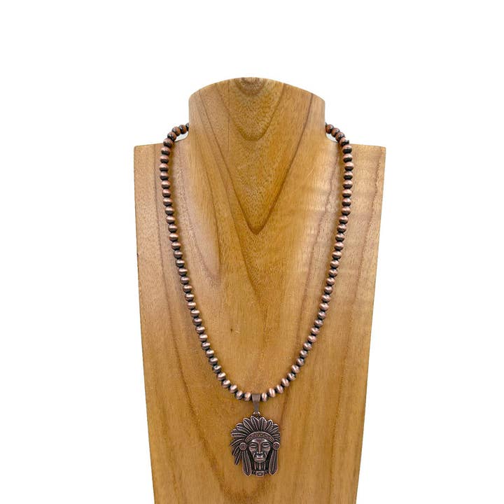 Western Elite Jewelry - Wholesale Pendant/Charm Necklace - NKZ030524-42 18 inches long silver Navajo pearl beads with metal Indian head Necklace1