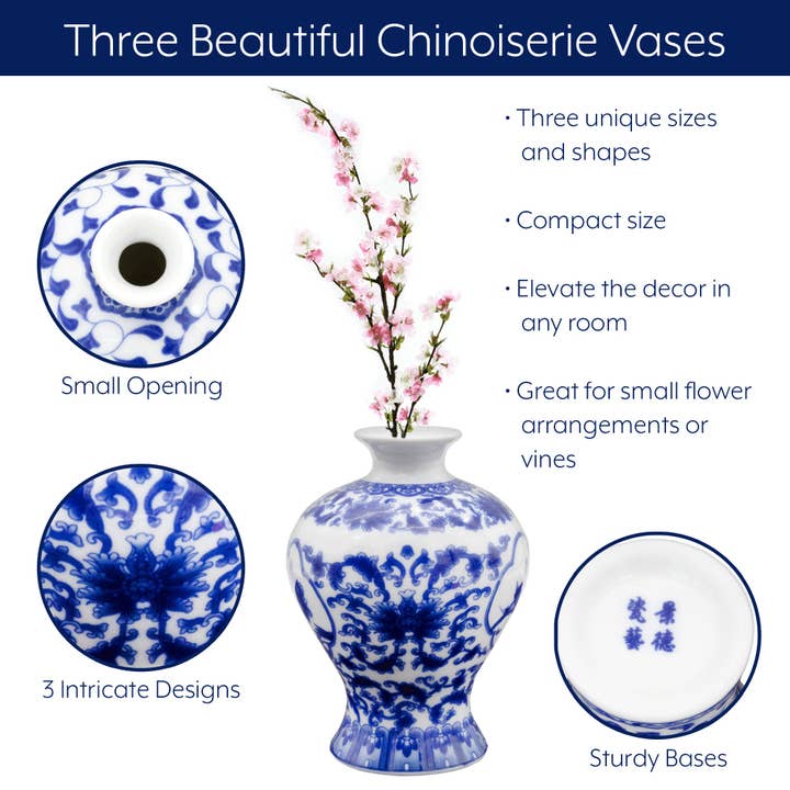 Kurated Korner - Wholesale Vase - AuldHome Design Blue and White Chinoiseries Vases (Set of 3)1