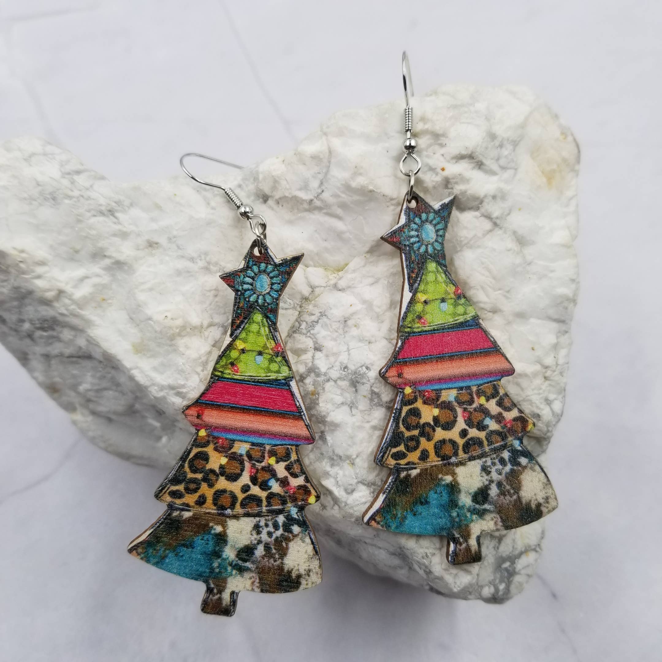 Wooden Mixed Printed Leopard Christmas Tree Earrings for wholesale by The Pretty Jewellery